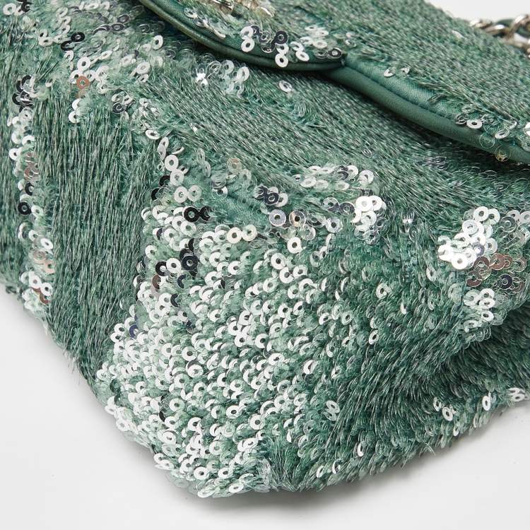 Pre Owned Chanel Green Sequins and Satin Mini Square Classic Flap Bag