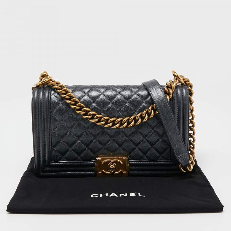 Pre Owned Chanel Dark Grey Shimmer Leather Medium Boy Bag