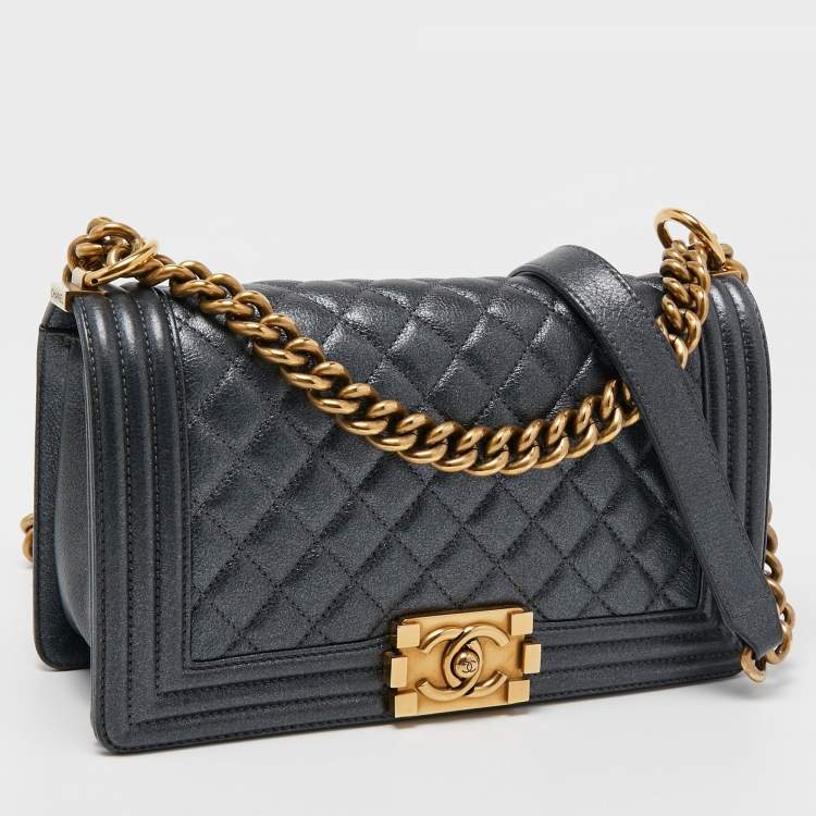Pre Owned Chanel Dark Grey Shimmer Leather Medium Boy Bag