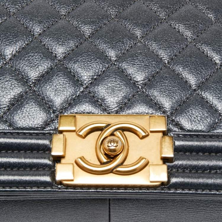 Pre Owned Chanel Dark Grey Shimmer Leather Medium Boy Bag