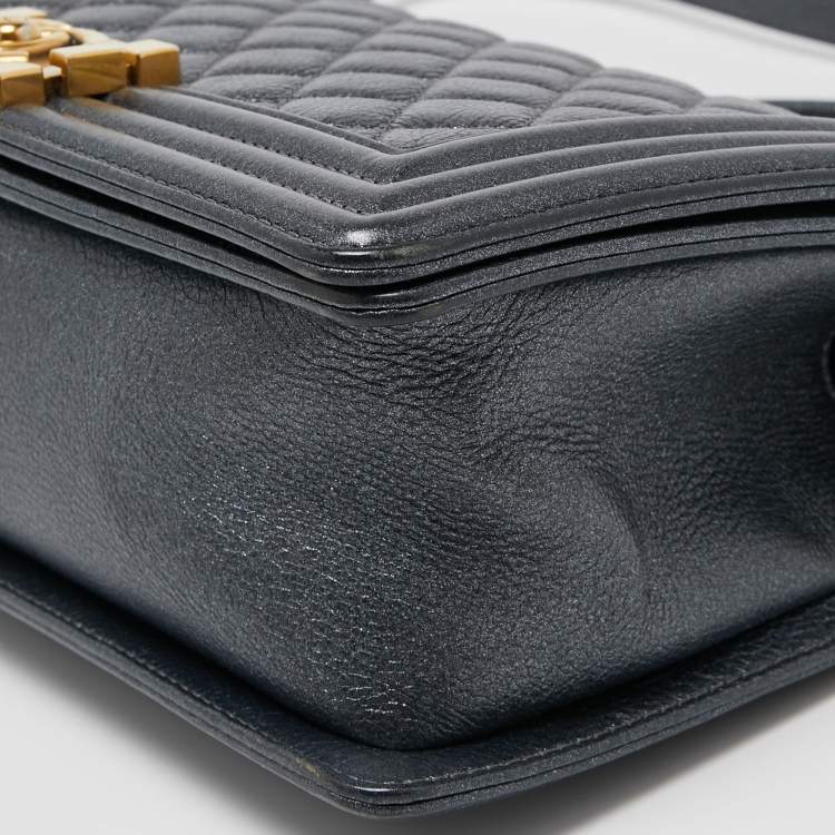 Pre Owned Chanel Dark Grey Shimmer Leather Medium Boy Bag