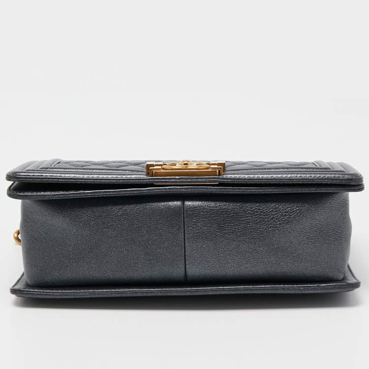 Pre Owned Chanel Dark Grey Shimmer Leather Medium Boy Bag