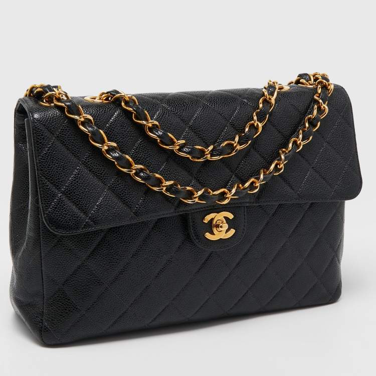 Pre Owned Chanel Black Quilted Caviar Leather Maxi Single Flap Bag