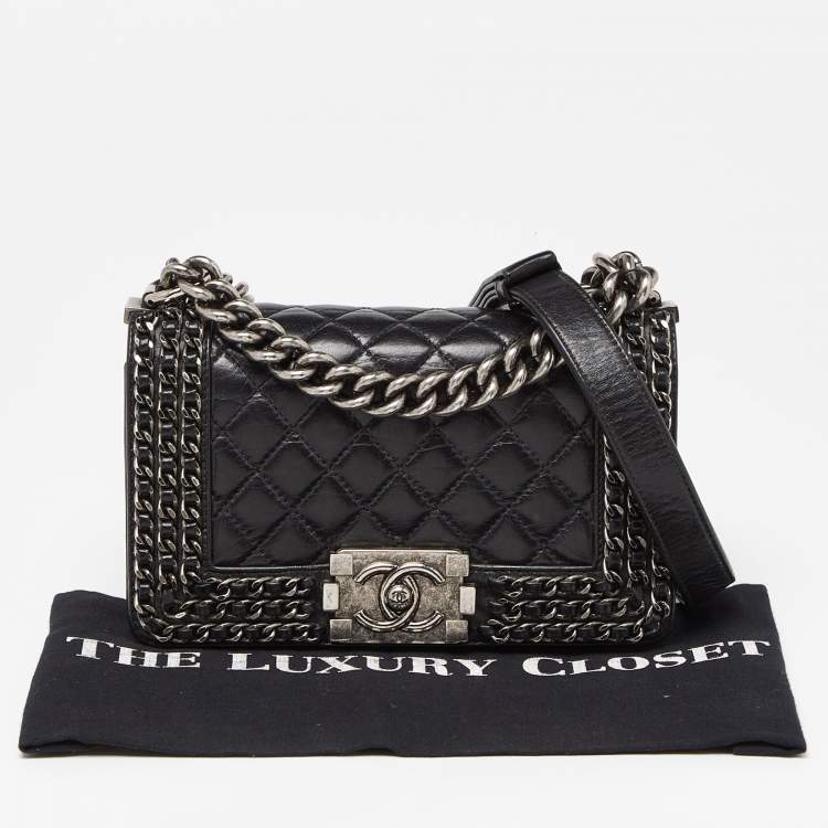 Pre Owned Chanel Black Quilted Leather Small Boy Chained Flap Bag
