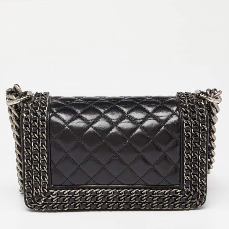 Pre Owned Chanel Black Quilted Leather Small Boy Chained Flap Bag