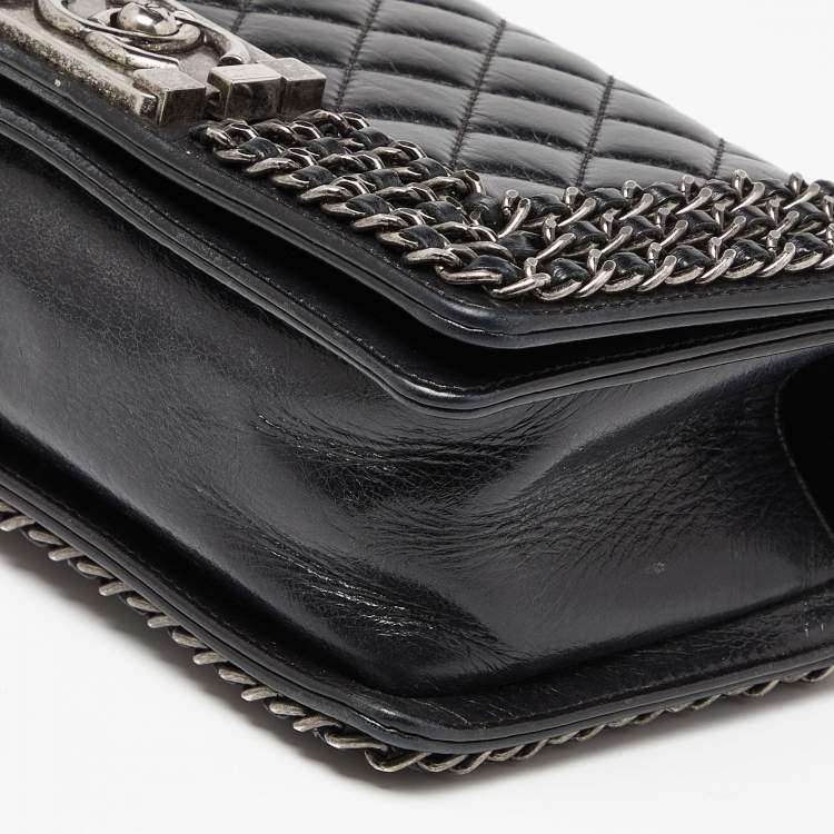 Pre Owned Chanel Black Quilted Leather Small Boy Chained Flap Bag