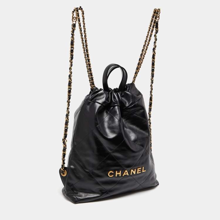 Pre Owned Chanel Black Shiny Quilted Leather 22 Backpack