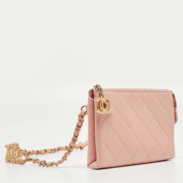 Pre Owned Chanel Light Pink Quilted Leather Logo Strap Belt Bag