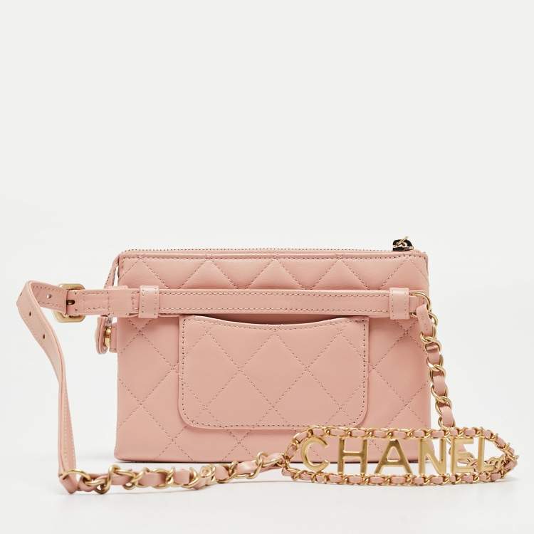 Pre Owned Chanel Light Pink Quilted Leather Logo Strap Belt Bag