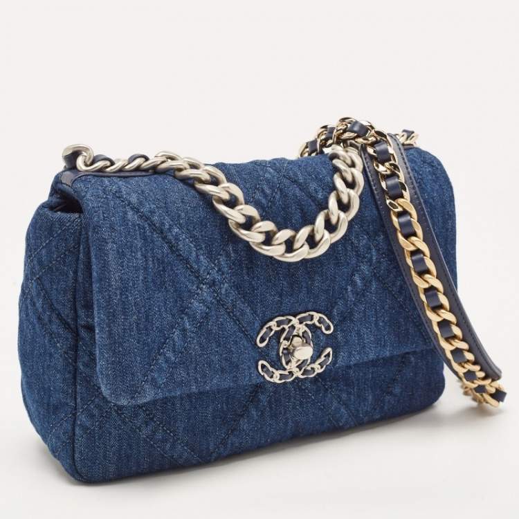 Pre Owned Chanel Blue Quilted Denim Medium 19 Flap Bag