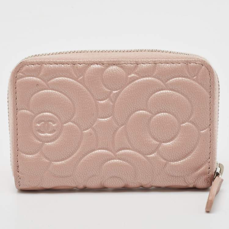 Pre Owned Chanel Pink Camellia Embossed Leather Zip Around Coin Purse