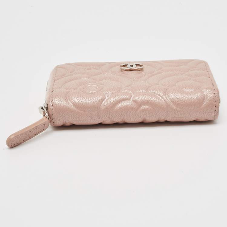 Pre Owned Chanel Pink Camellia Embossed Leather Zip Around Coin Purse