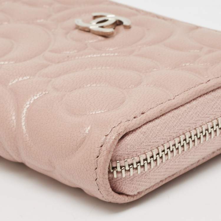 Pre Owned Chanel Pink Camellia Embossed Leather Zip Around Coin Purse