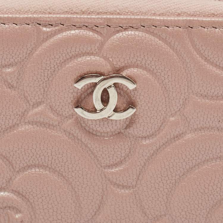 Pre Owned Chanel Pink Camellia Embossed Leather Zip Around Coin Purse