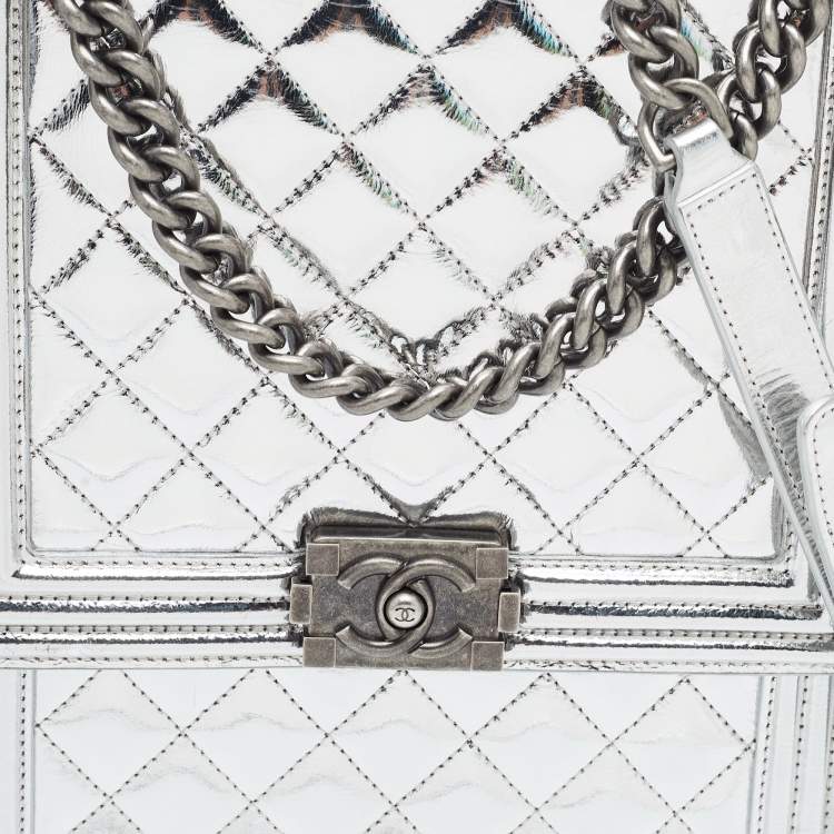 Pre Owned Chanel Silver Quilted Leather North South Boy Flap Bag