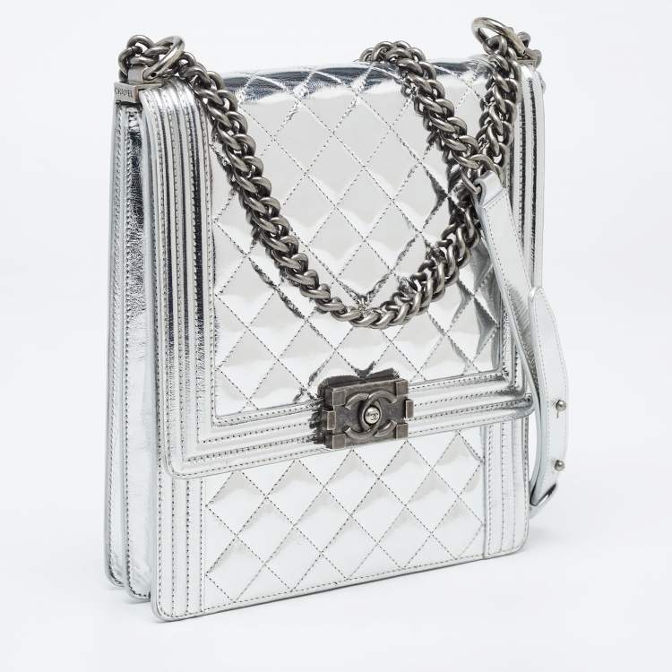 Pre Owned Chanel Silver Quilted Leather North South Boy Flap Bag