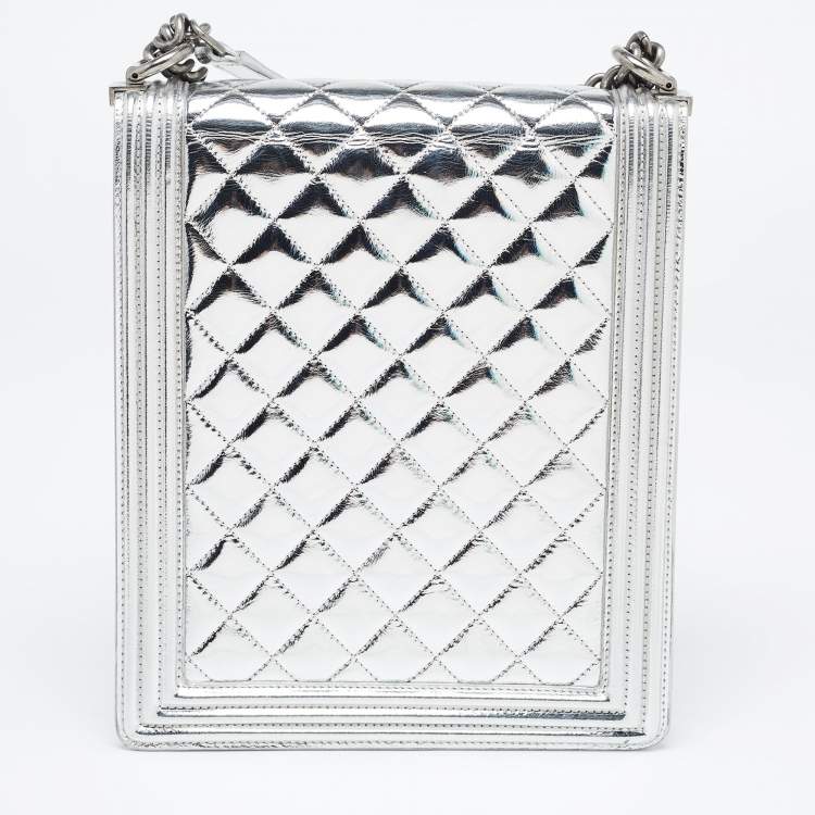 Pre Owned Chanel Silver Quilted Leather North South Boy Flap Bag