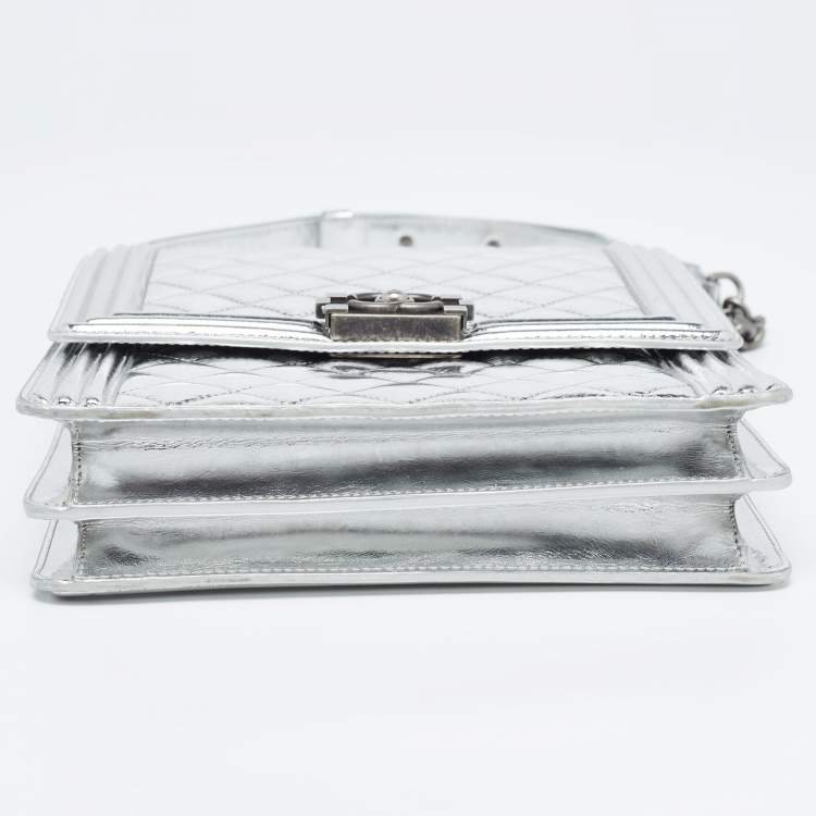 Pre Owned Chanel Silver Quilted Leather North South Boy Flap Bag