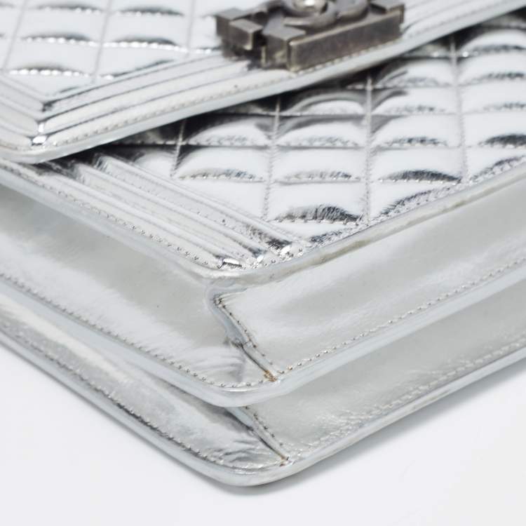 Pre Owned Chanel Silver Quilted Leather North South Boy Flap Bag