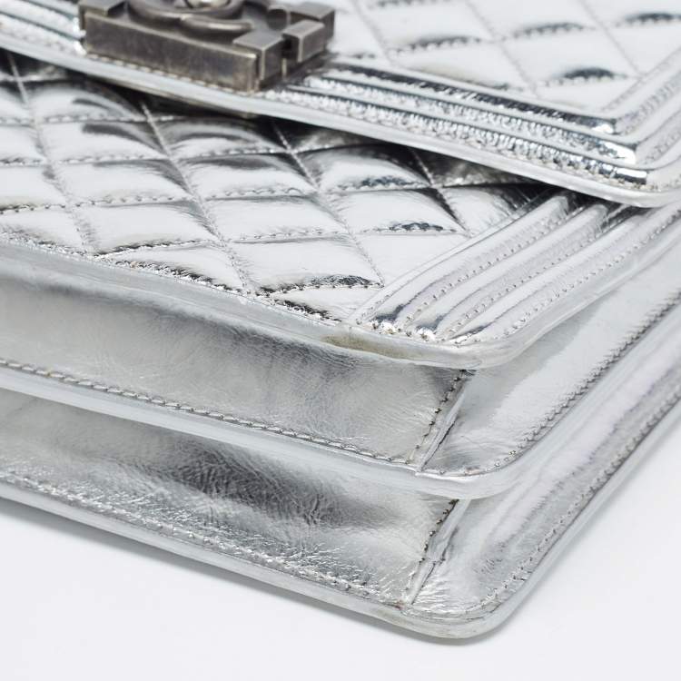 Pre Owned Chanel Silver Quilted Leather North South Boy Flap Bag