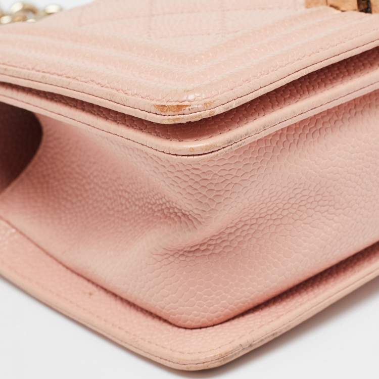 Pre Owned Chanel Pink Quilted Caviar Leather Small Boy Flap Bag