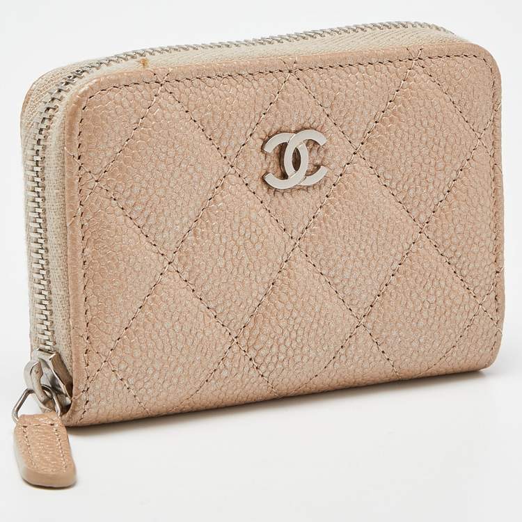 Pre Owned Chanel Beige Quilted Caviar Leather Zip Around Coin Purse
