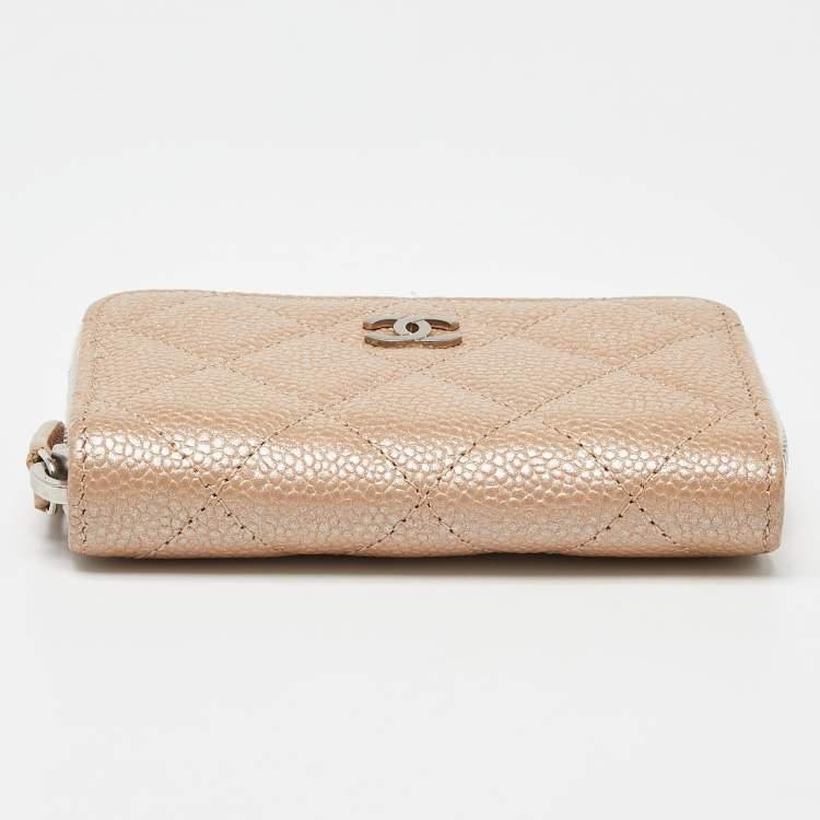 Pre Owned Chanel Beige Quilted Caviar Leather Zip Around Coin Purse