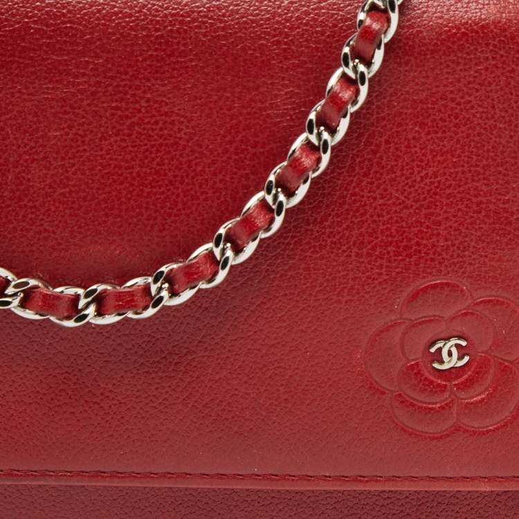 Pre Owned Chanel Red Leather Camellia Wallet On Chain