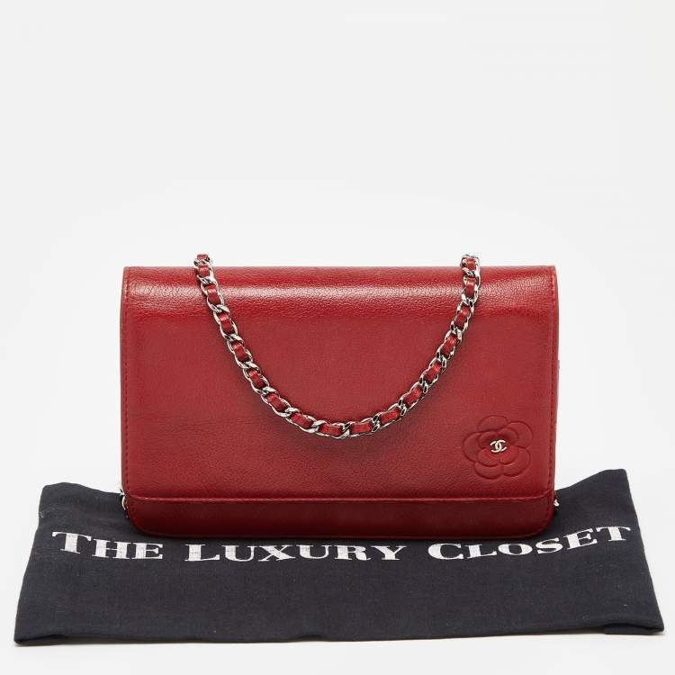 Pre Owned Chanel Red Leather Camellia Wallet On Chain