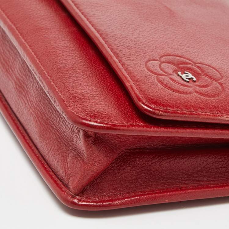 Pre Owned Chanel Red Leather Camellia Wallet On Chain