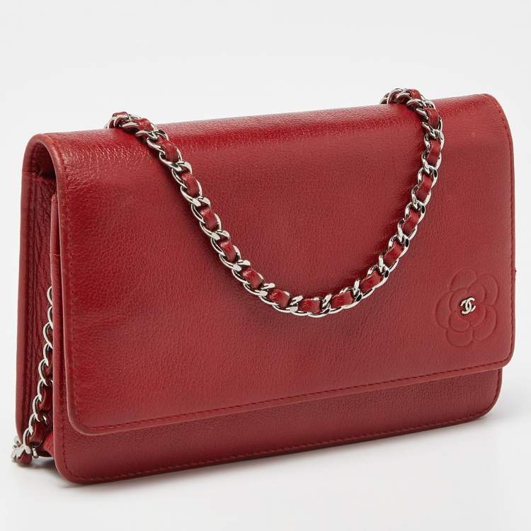 Pre Owned Chanel Red Leather Camellia Wallet On Chain