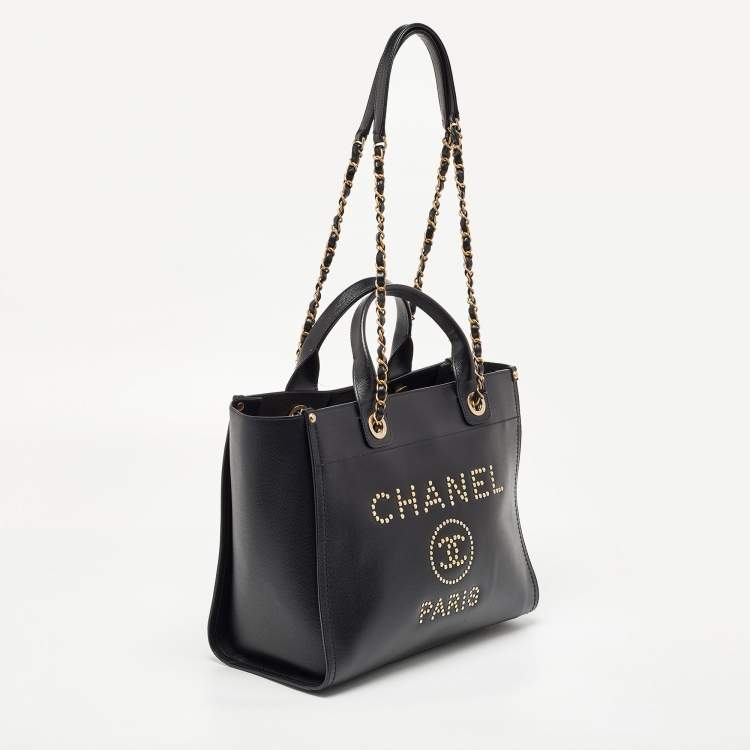 Pre Owned Chanel Black Caviar Leather Small Studded Deauville Tote