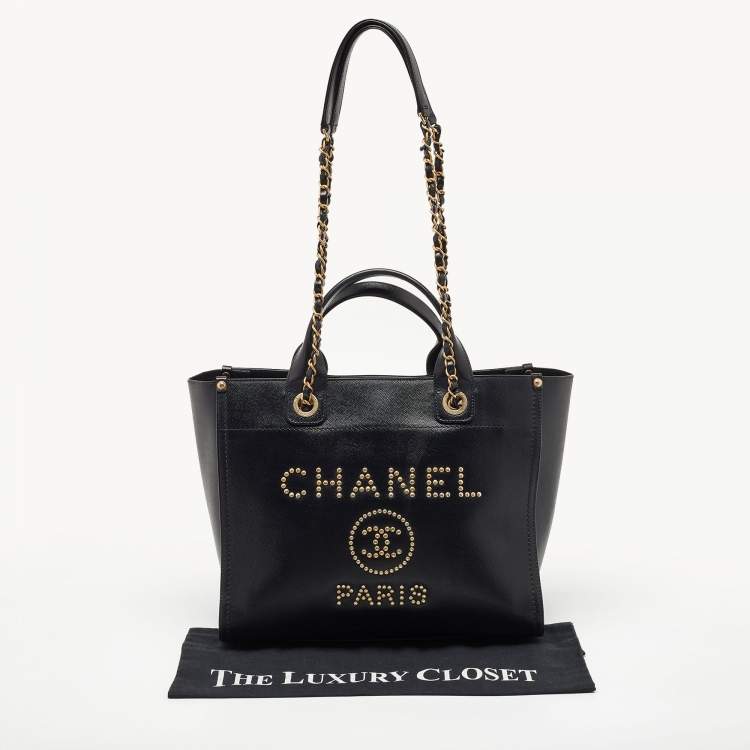 Pre Owned Chanel Black Caviar Leather Small Studded Deauville Tote