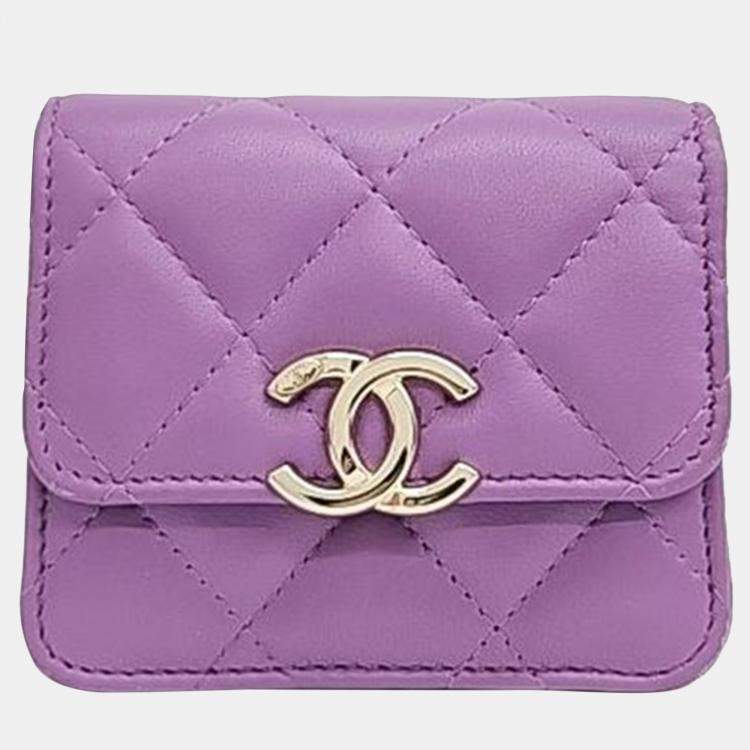 Pre Owned Chanel Purple Leather Coco Chain Card Wallet