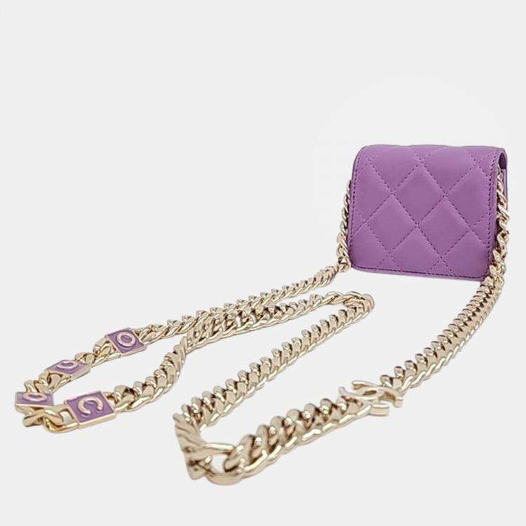 Pre Owned Chanel Purple Leather Coco Chain Card Wallet