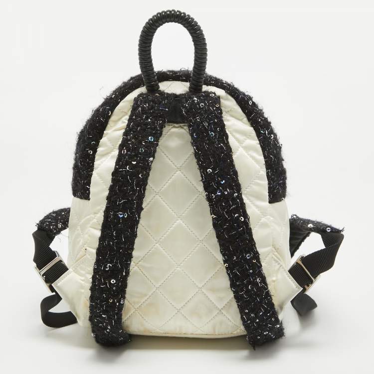 Pre Owned Chanel Black/Off White Quilted Satin and Tweed Sequins Mini Backpack