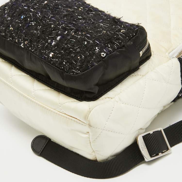 Pre Owned Chanel Black/Off White Quilted Satin and Tweed Sequins Mini Backpack