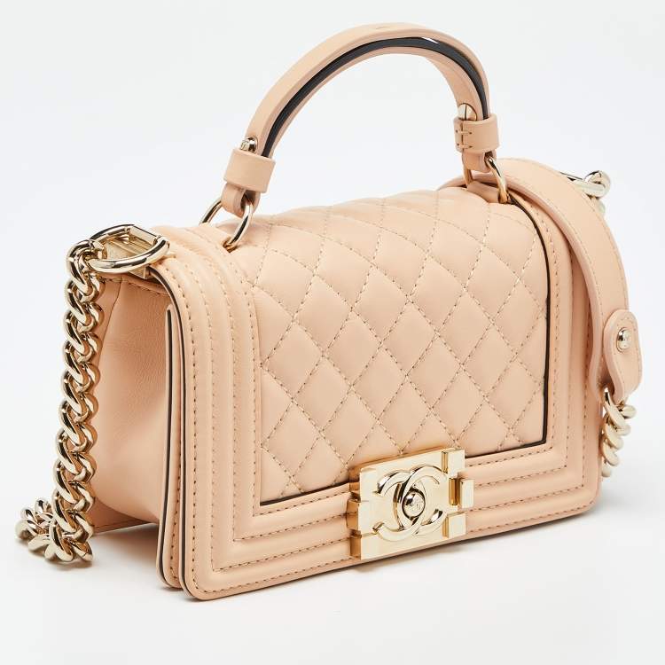 Pre Owned Chanel Beige Quilted Leather Small Boy Top Handle Bag