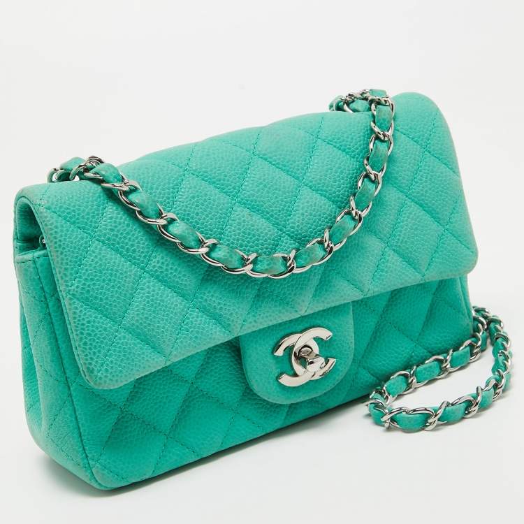 Pre Owned Chanel Green Quilted Caviar Leather New Mini Classic Flap Bag