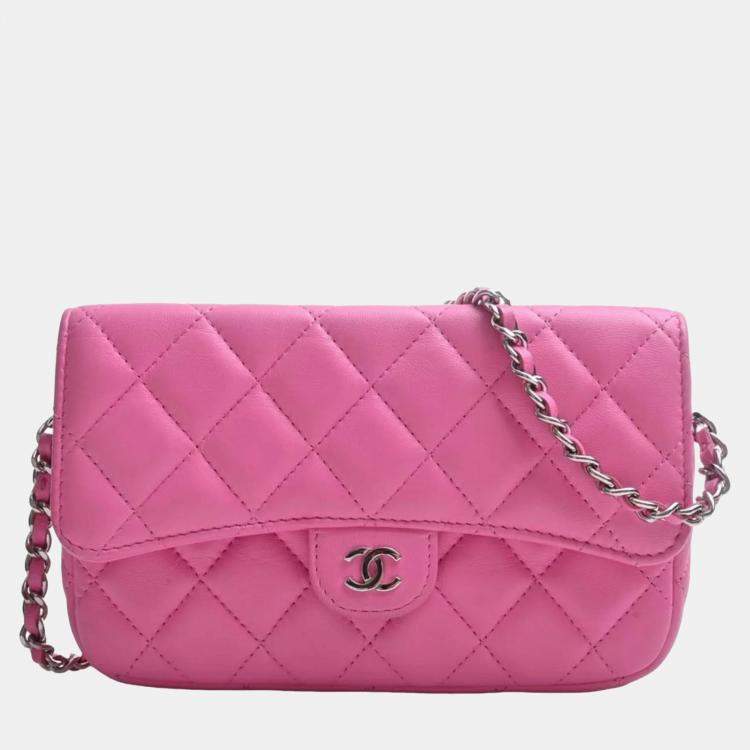 Chanel Pink Lambskin Leather Classic Flap Phone Holder w/Chain