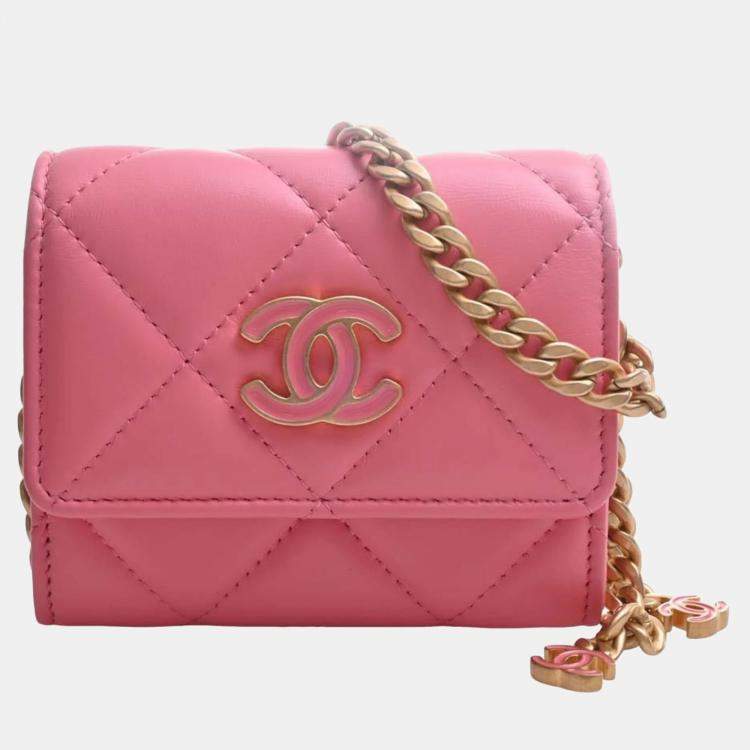 Chanel Pink Lambskin Quilted Leather Enamel Clutch w/ Chain