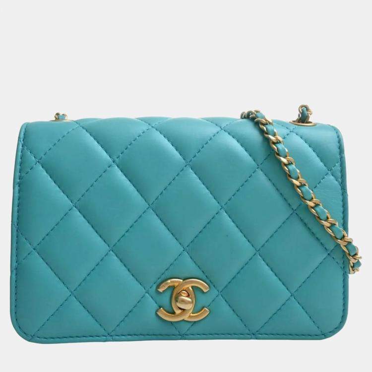 CHANEL Teal Leather Quilted Shoulder Bag