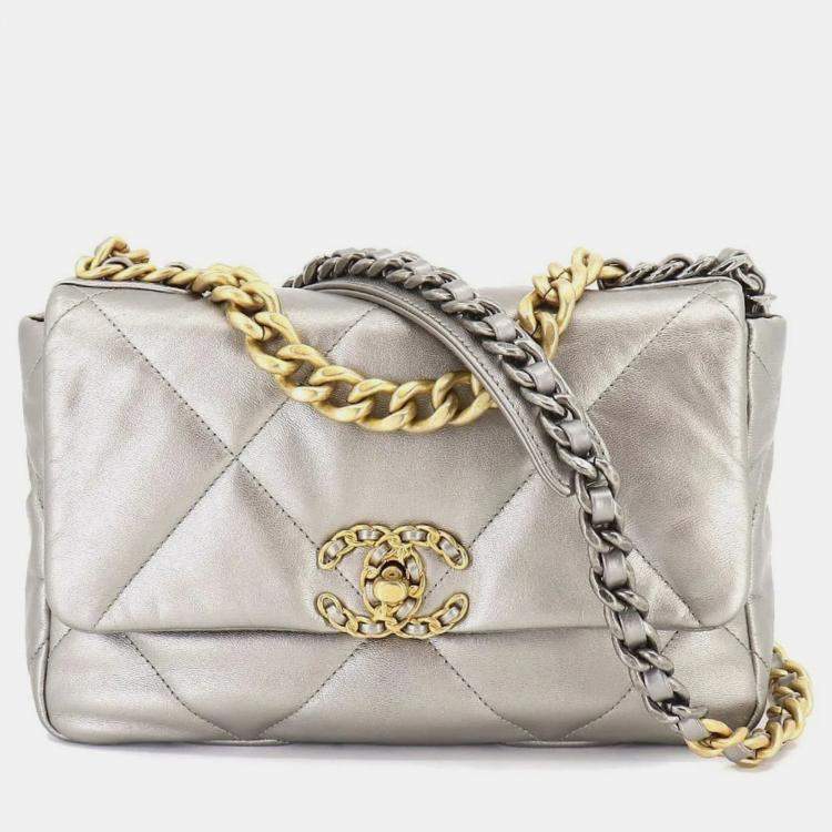 Chanel Silver Lambskin Leather Medium 19 Bag