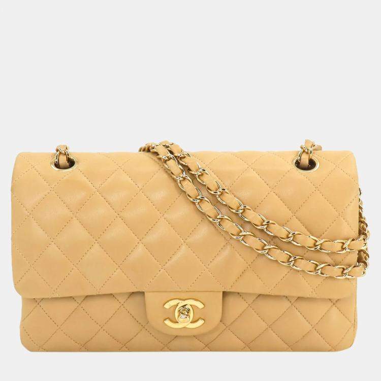 Chanel Beige Lambskin Leather Medium Classic Double Flap Shoulder Bags