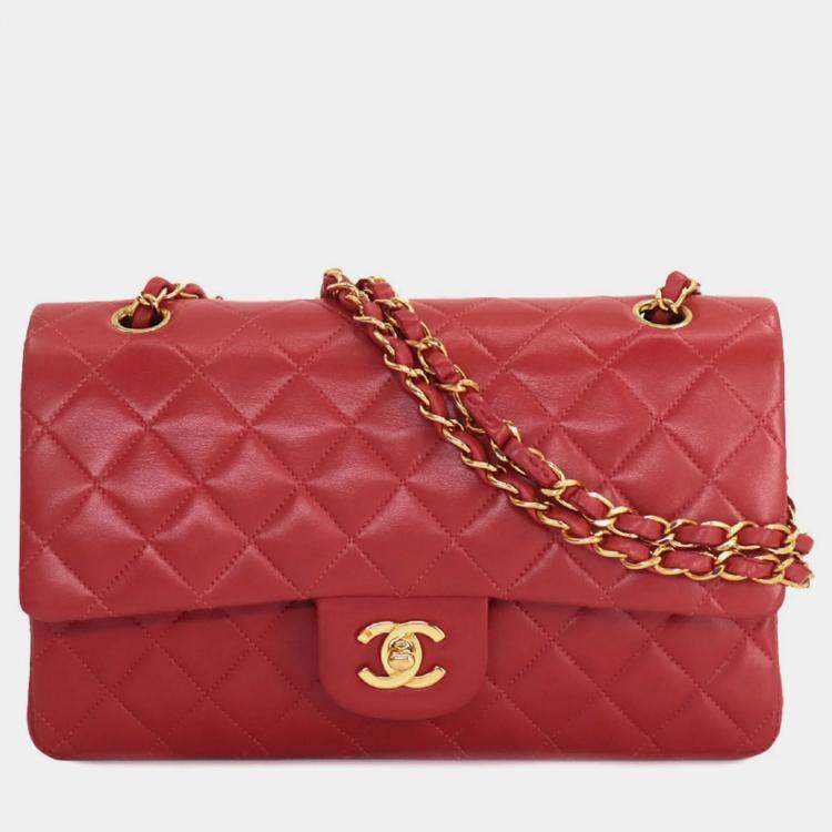 Chanel Red Lambskin Leather Medium Classic Double Flap Shoulder Bags