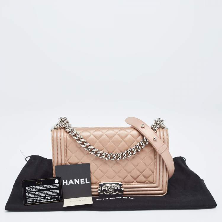 Pre Owned Chanel Metallic Beige Quilted Leather Medium Boy Flap Bag