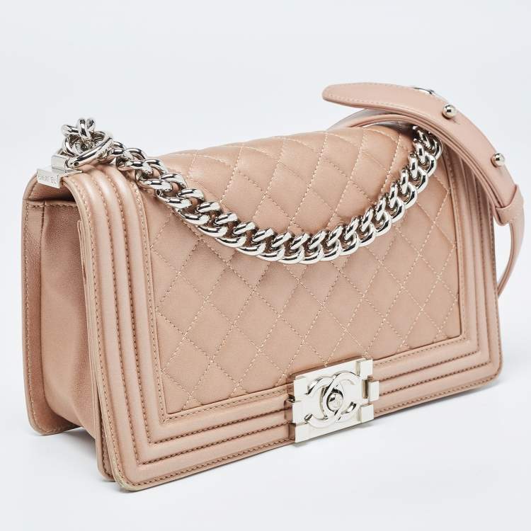Pre Owned Chanel Metallic Beige Quilted Leather Medium Boy Flap Bag