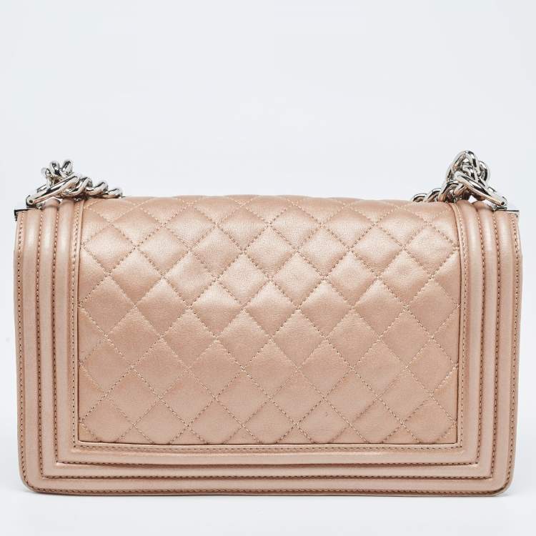 Pre Owned Chanel Metallic Beige Quilted Leather Medium Boy Flap Bag