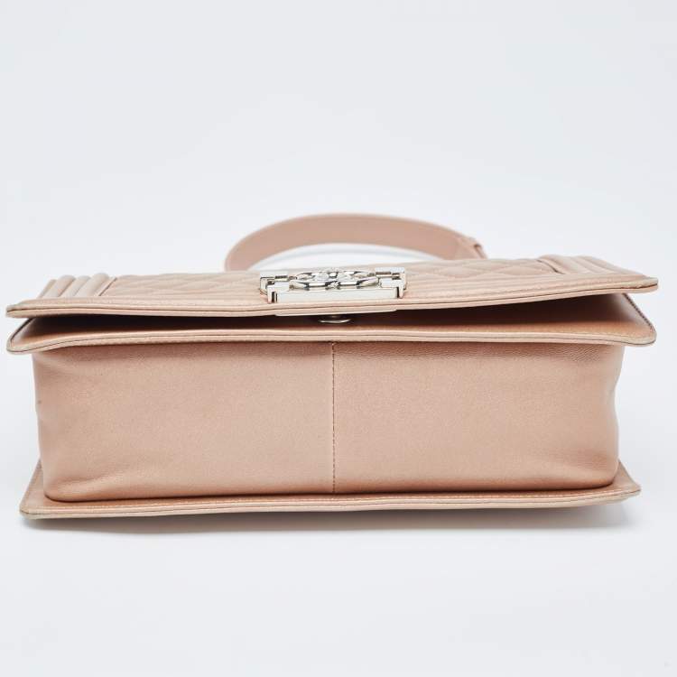 Pre Owned Chanel Metallic Beige Quilted Leather Medium Boy Flap Bag