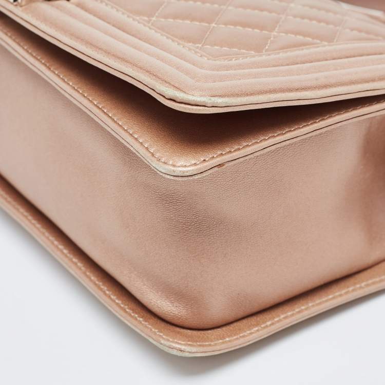 Pre Owned Chanel Metallic Beige Quilted Leather Medium Boy Flap Bag